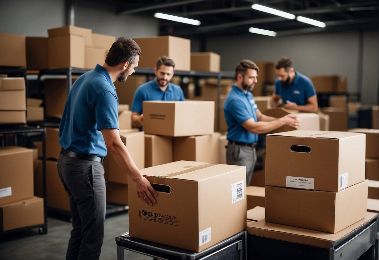 Employees pack and label boxes, coordinate with movers, and update office layout plans for an upcoming move