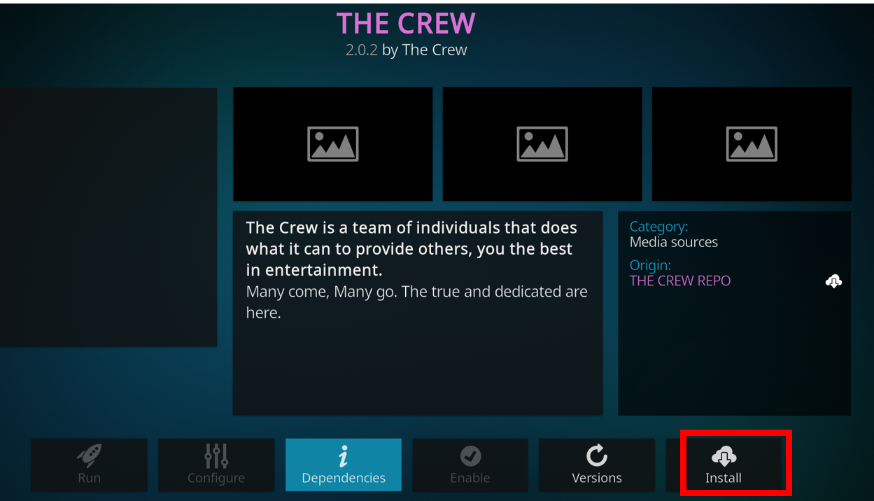 The Crew Add-on menu interface on Kodi with the Install button highlighted in red