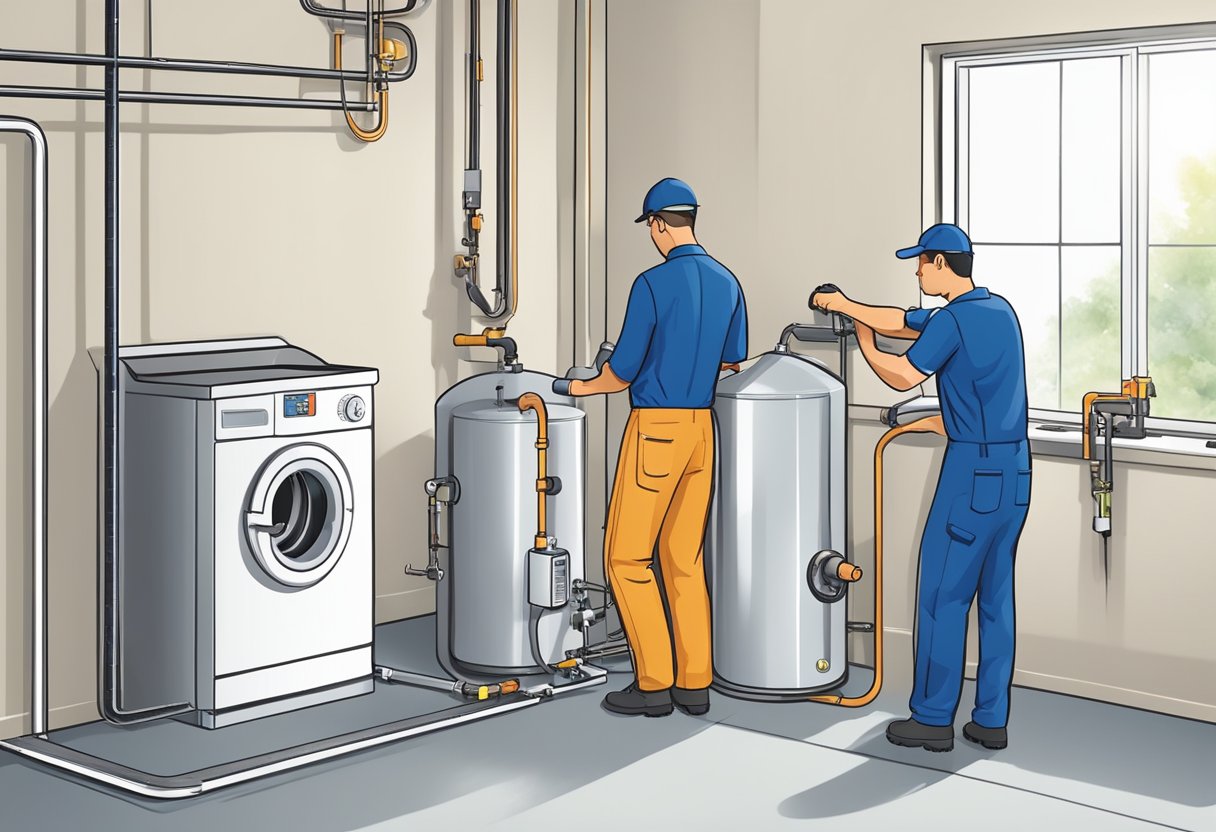 A team of professionals carefully installing a new boiler in a clean and well-lit utility room, following best practices and safety guidelines