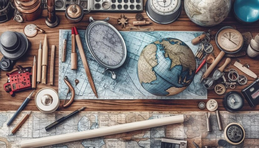 Crafted rustic world map with old-fashioned cartography tools, symbolizing research methods.