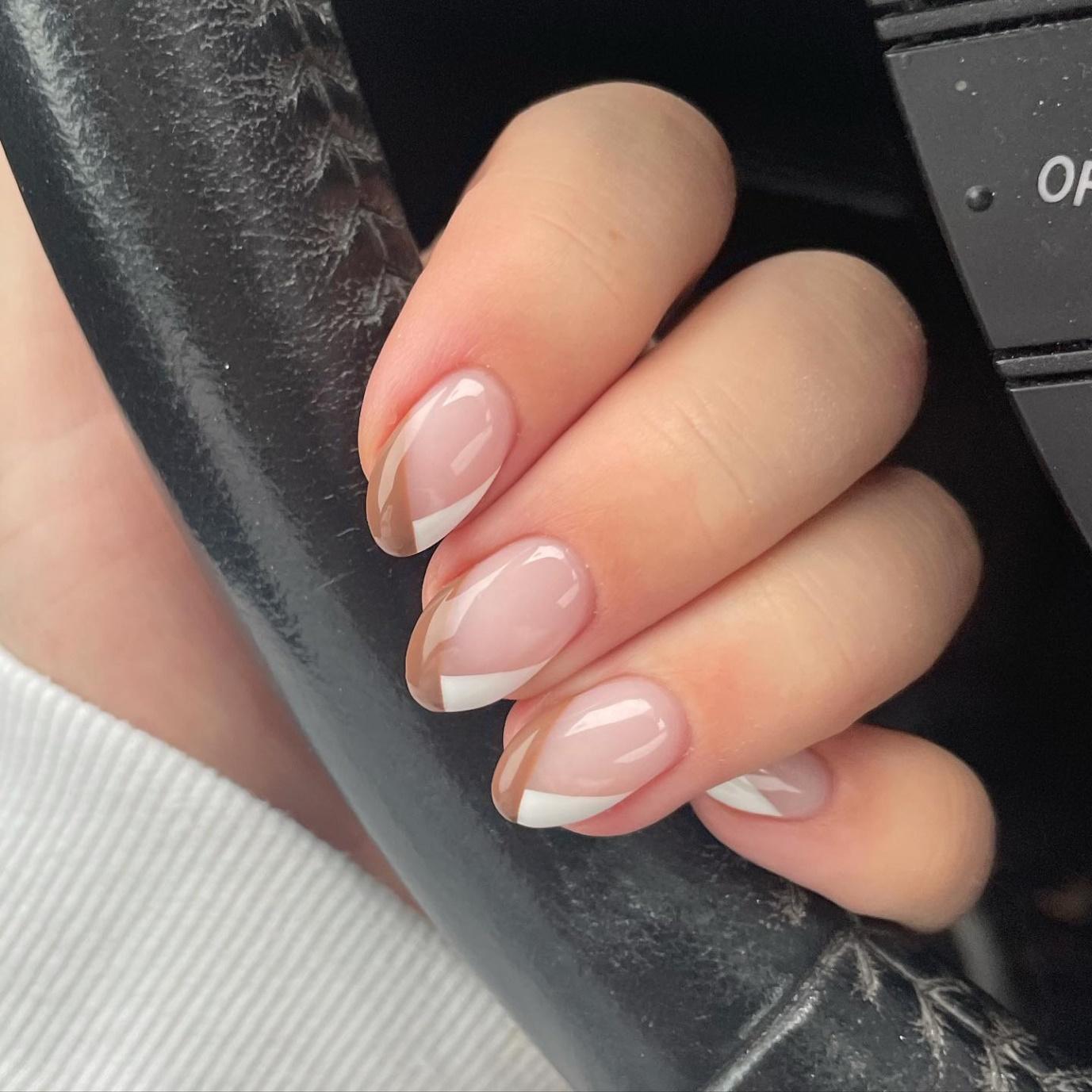 Diagonal Tips White & Brown Nails