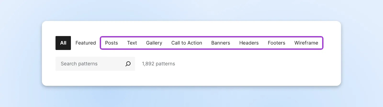 Un rectángulo violeta enfatiza las categorías de patrones de bloques. Aparece una barra de búsqueda debajo de las categorías.