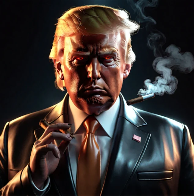 Evil red-eyed The Donald of course wearing a leather sleazeball blazer smoking a stogie