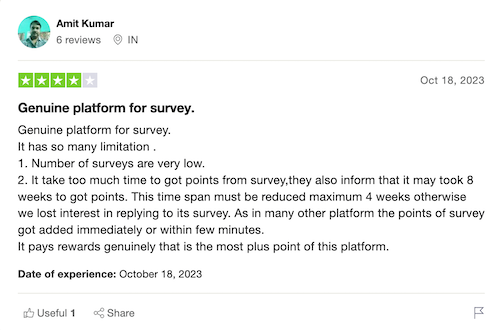 A 4-star Trustpilot review from a Rakuten Insight user who found it does pay but that there weren't enough surveys and that it took too long to get points. 