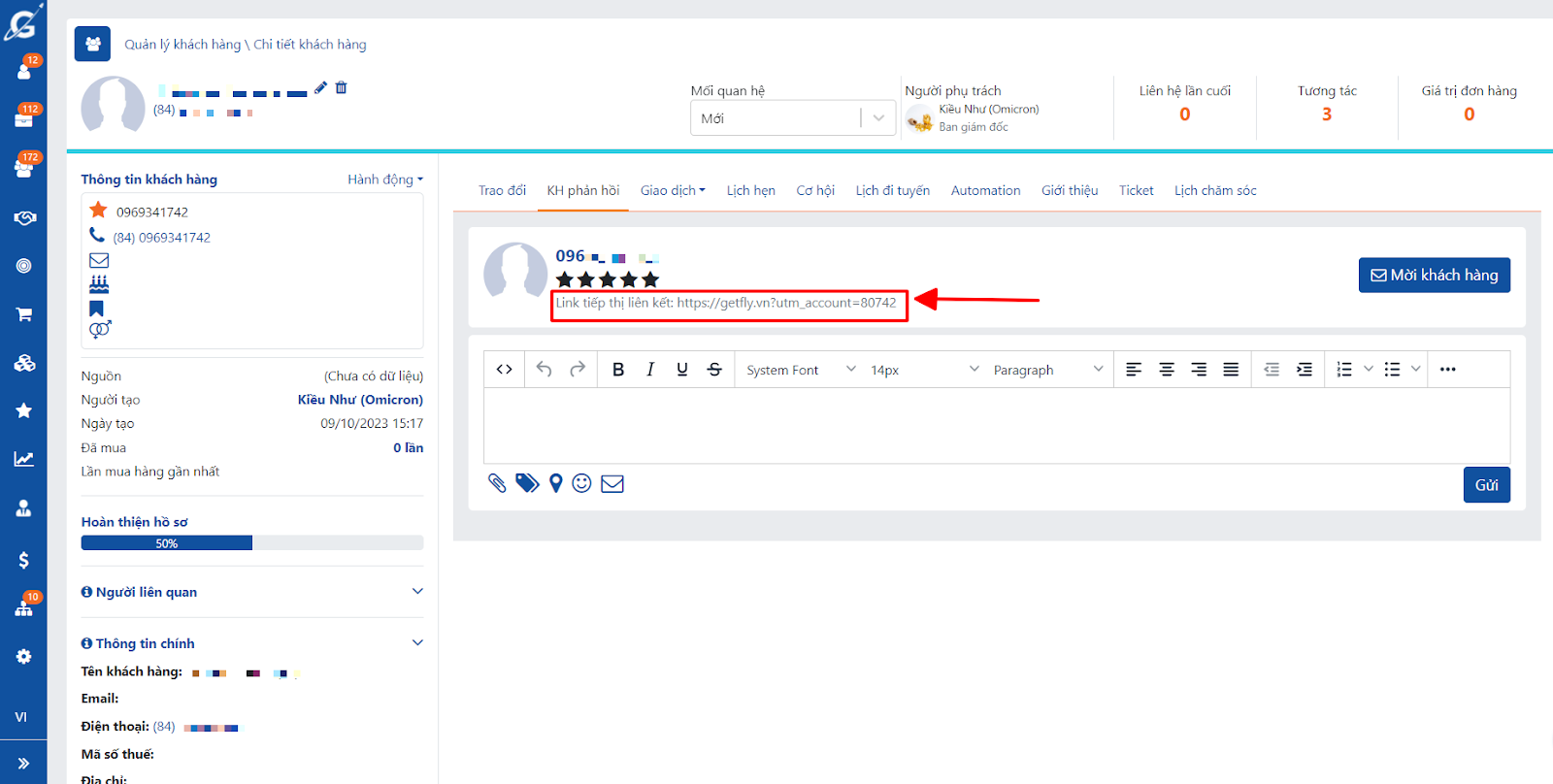 Bổ sung trường thông tin link tiếp thị liên kết của KH vào phần phản hồi khách hàng