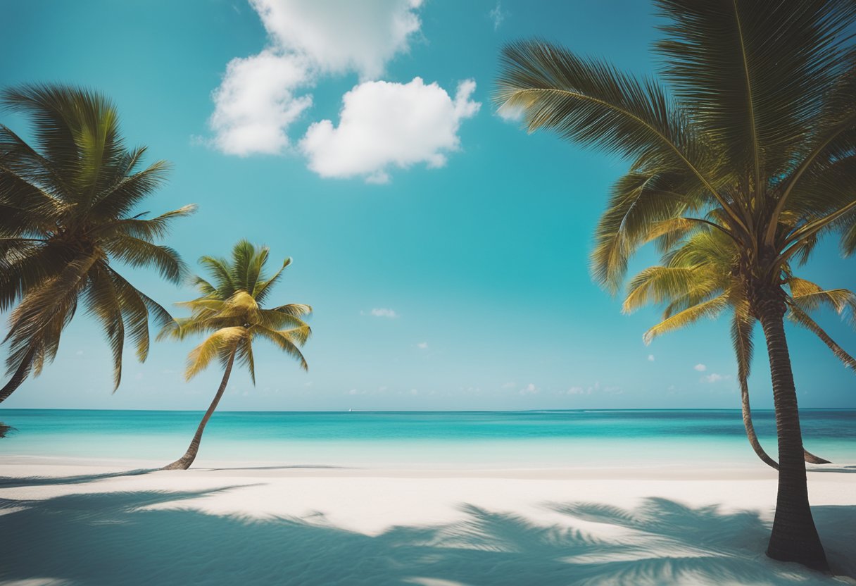 A vibrant beach scene with clear blue skies, palm trees swaying in the breeze, and turquoise waters gently lapping the shore