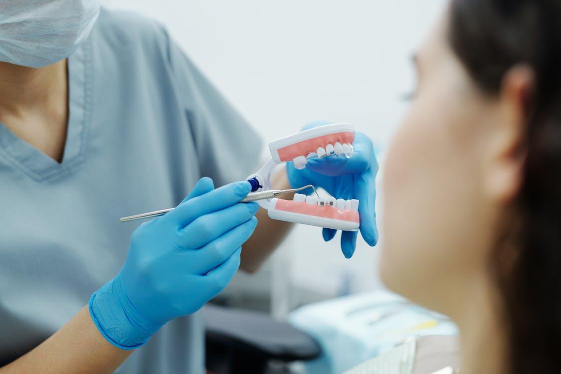 Free Person in Blue Gloves Showing a Teeth Model to a Patient Stock Photo