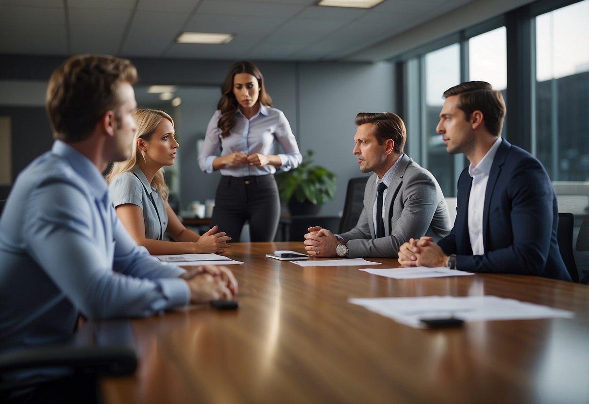 A group of coworkers standing around a conference table, one person speaking aggressively while the others look confused and unsure