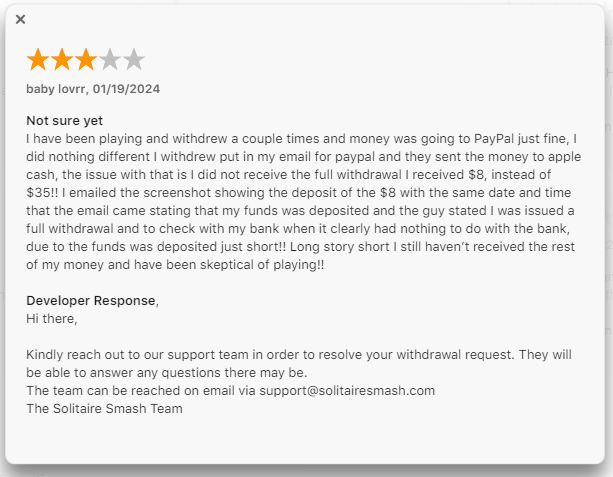 A 3-star Apple App Store review from a Solitaire Smash player who says their payout was short.  Customer service replied trying to help. 