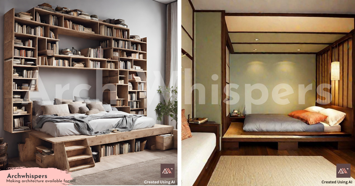 Sleek Platform Bed With Built-in Bookshelves & Storage Space in a Bedroom