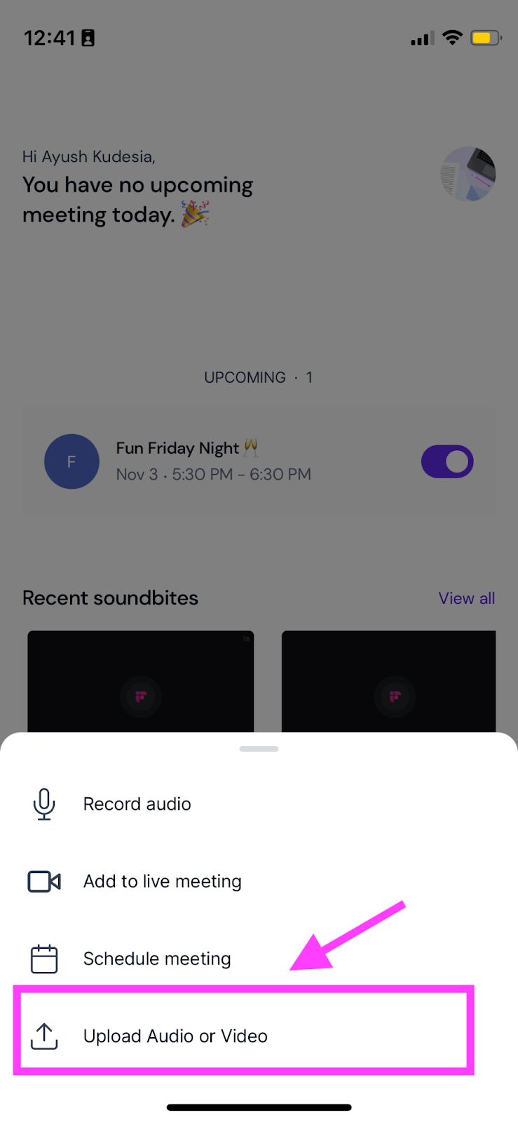 How to record a voice note on iPhone - Upload audio or video in Fireflies mobile app