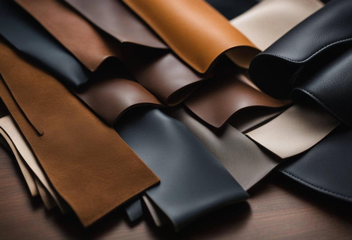 Various leather swatches arranged on a table, including smooth, textured, and suede, with a leather blazer in the background