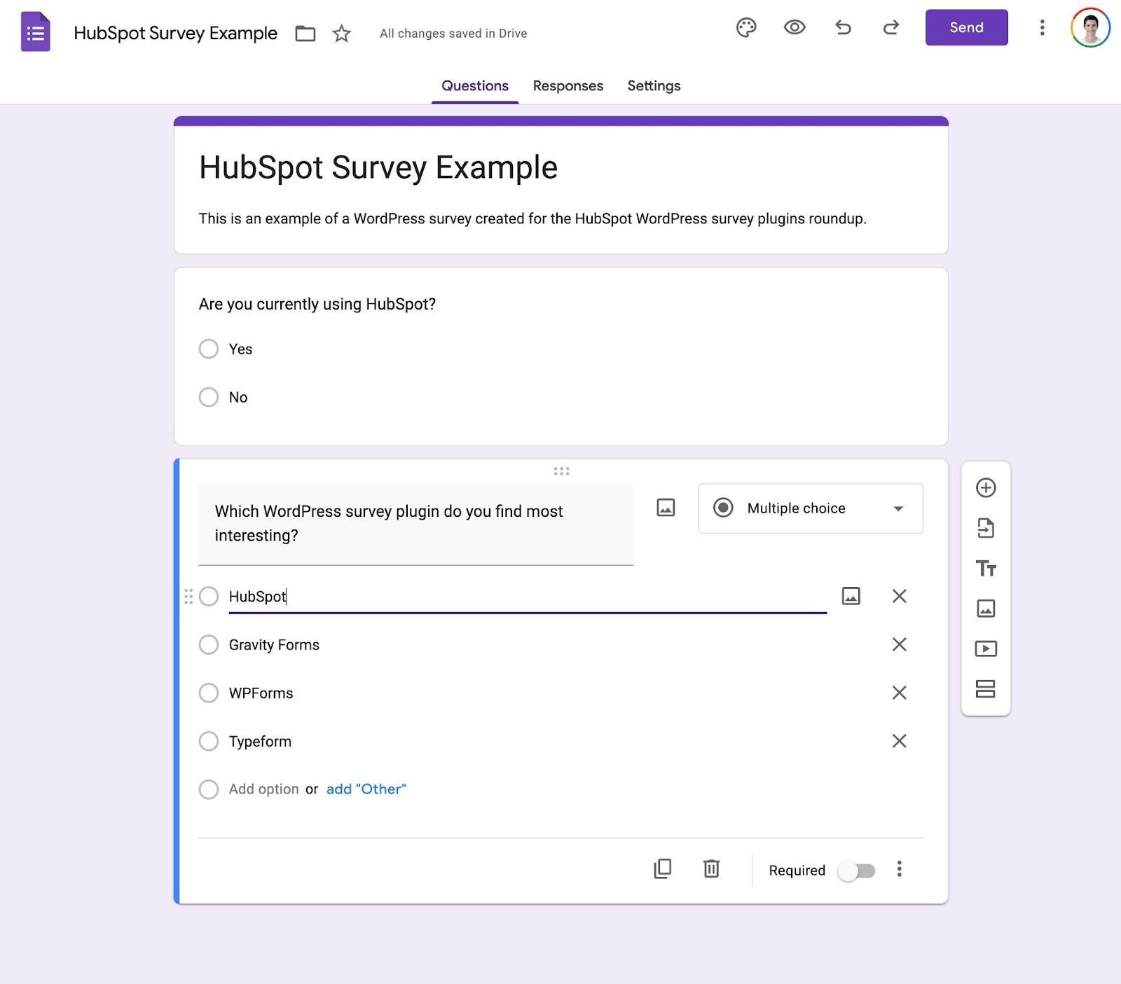 The Google Forms survey interface