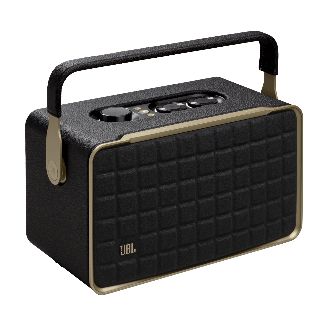A black and gold rectangular speaker Description automatically generated