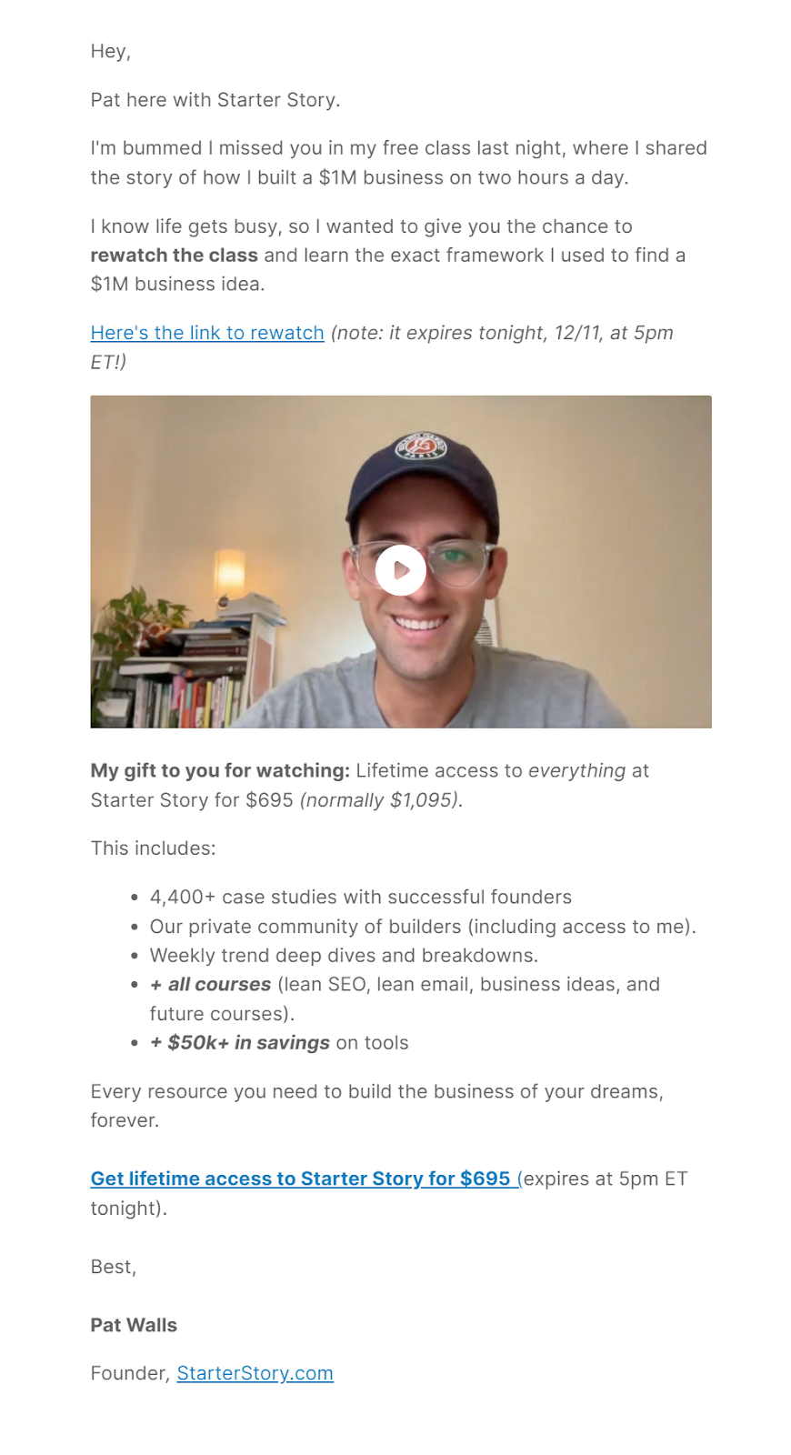 Screenshot of a webinar recording email for non-attendees from Starter Story