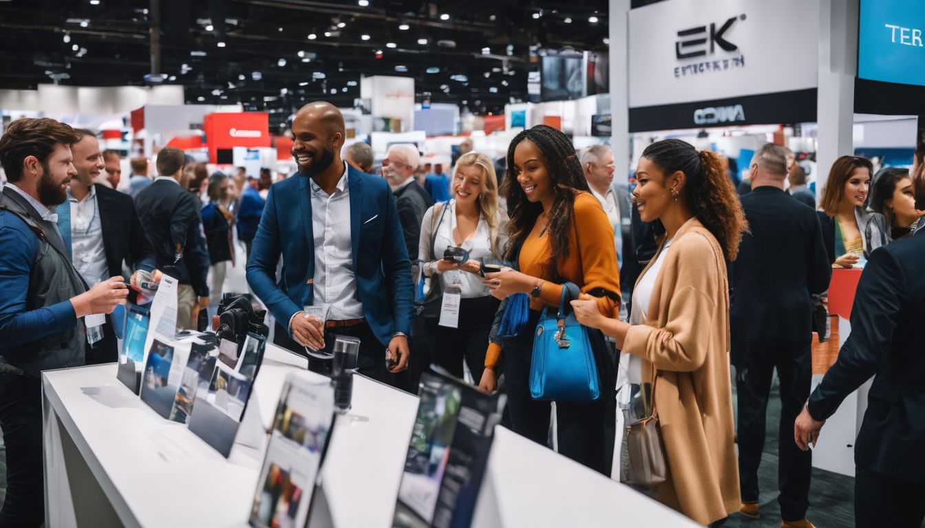 A diverse group of people mingling at a vibrant trade show.
