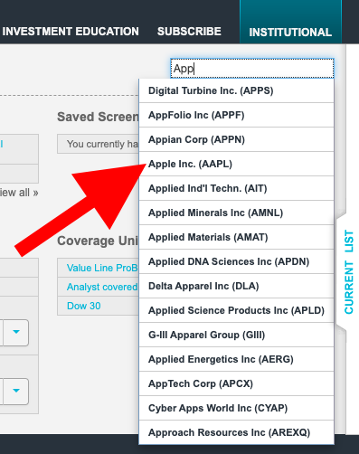 Image of a sample search and suggested companies with a red arrow pointing to one of the suggestions.