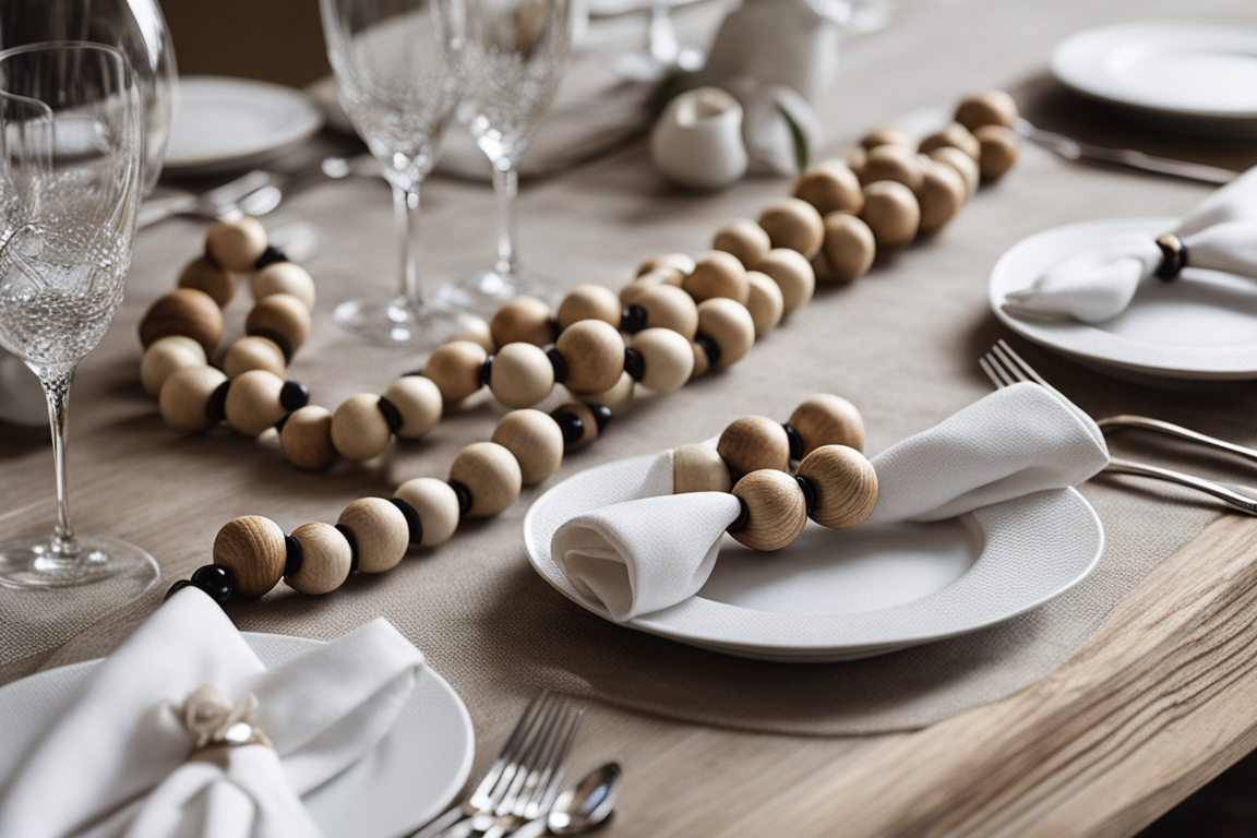 Set of wood bead napkin rings on a beautifully set table