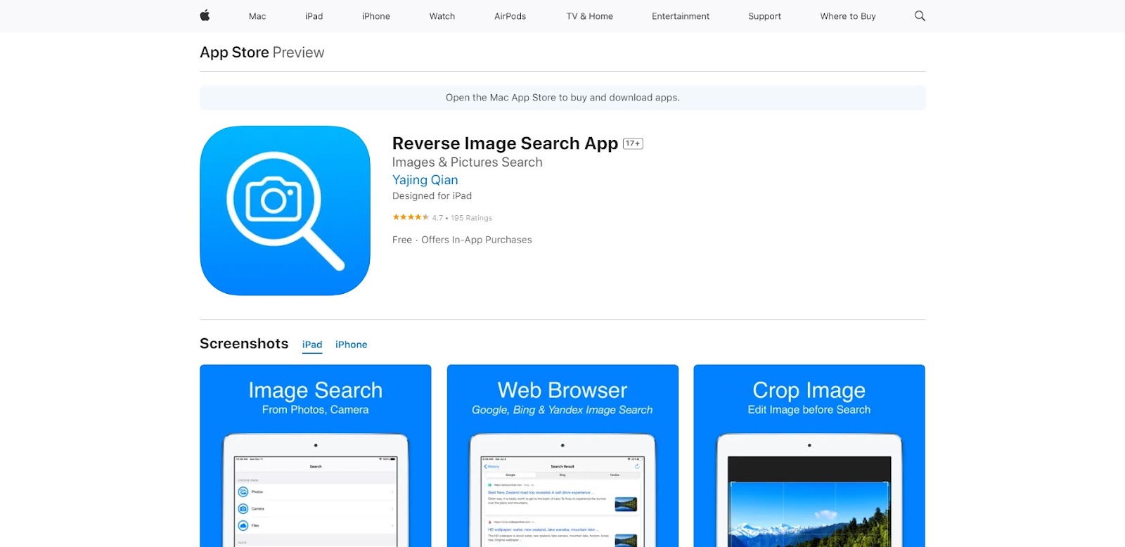 A screenshot of Reverse Image Search App's website