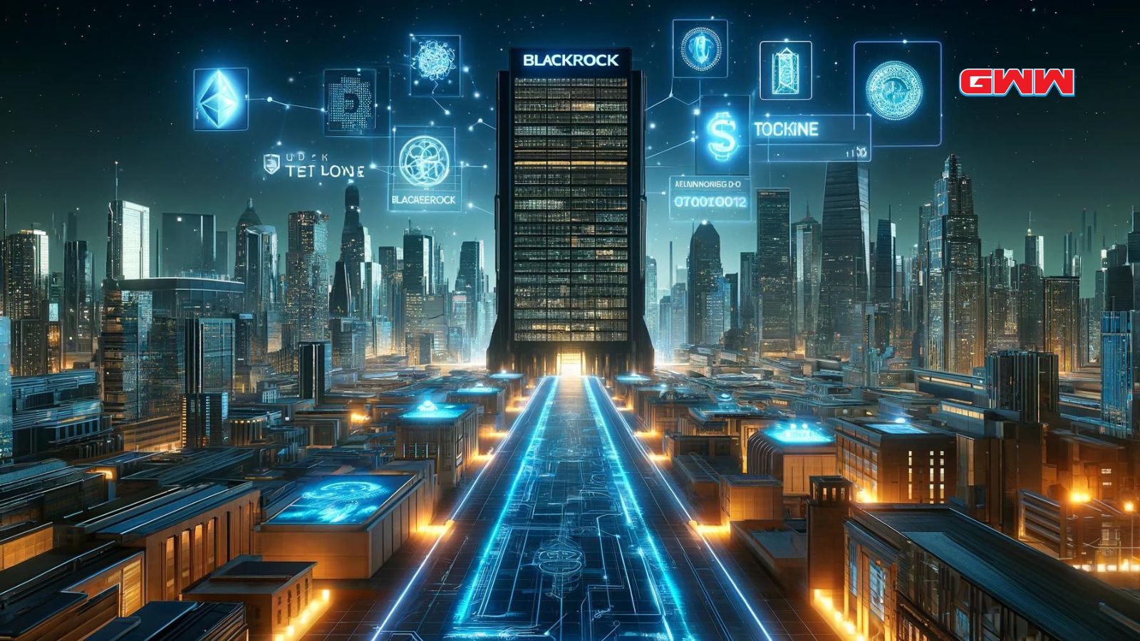 Futuristic skyline highlighting BlackRock's tokenization