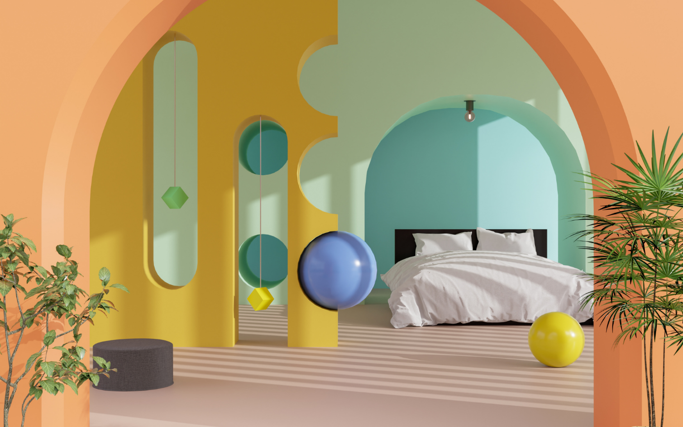 A room with a bed and colorful wallsDescription automatically generated
