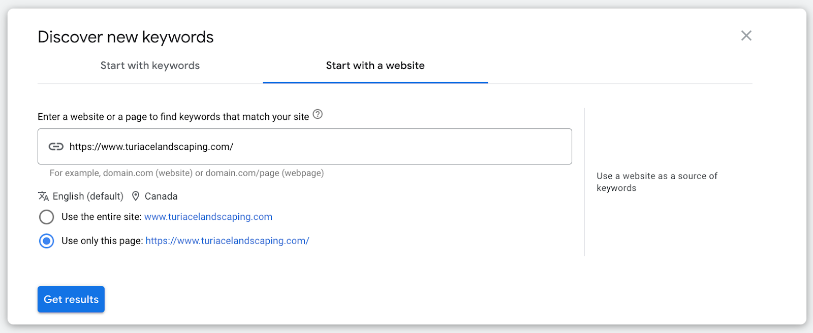 Google ads - "Start with a website"