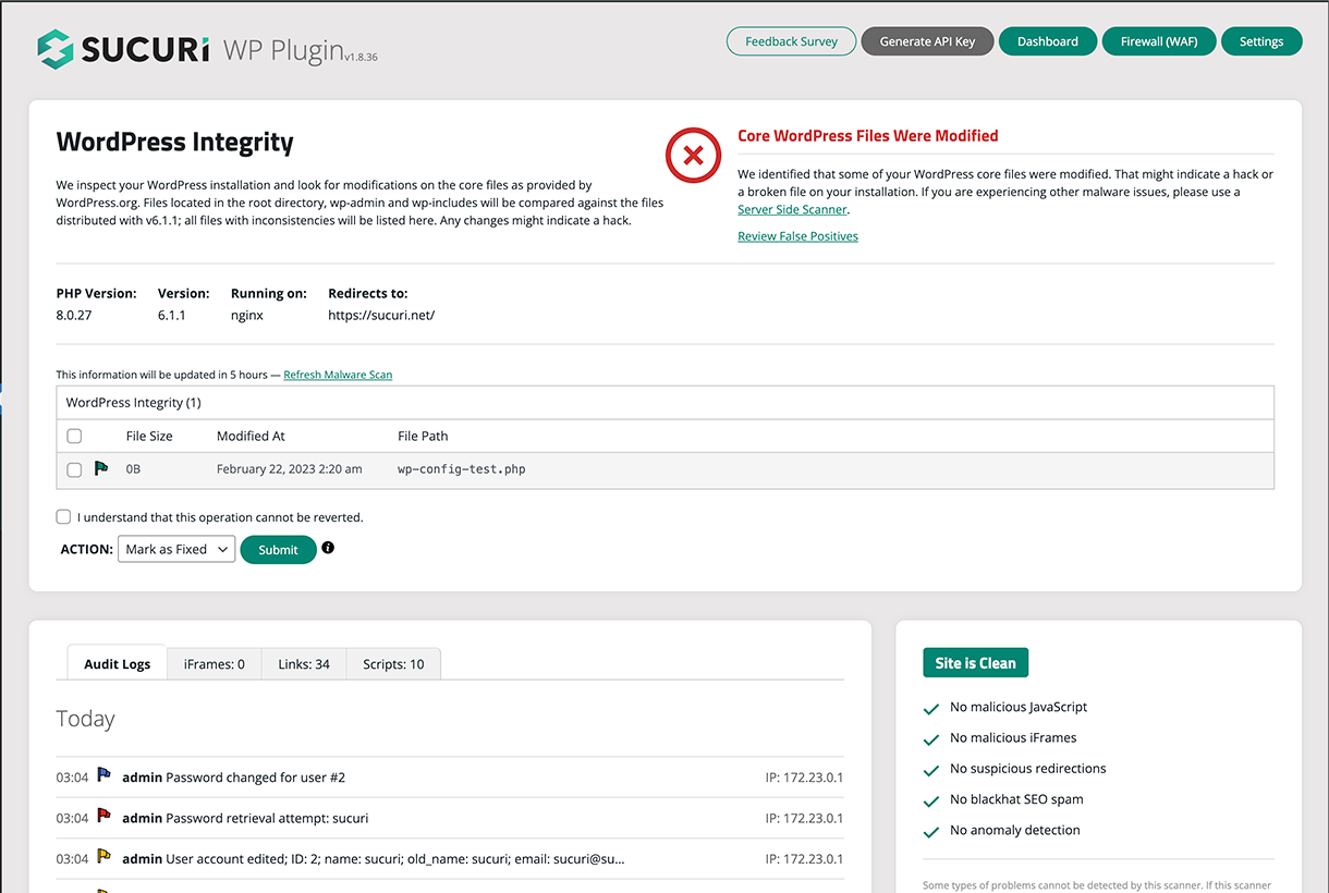 Wordpress tracking plugin Sucuri Security: The image depicts the Sucuri Security dashboard, a powerful tool providing a comprehensive suite of security features for WordPress websites. From security auditing and file integrity monitoring to post-hack actions and effective hardening, the plugin ensures robust protection for your website.