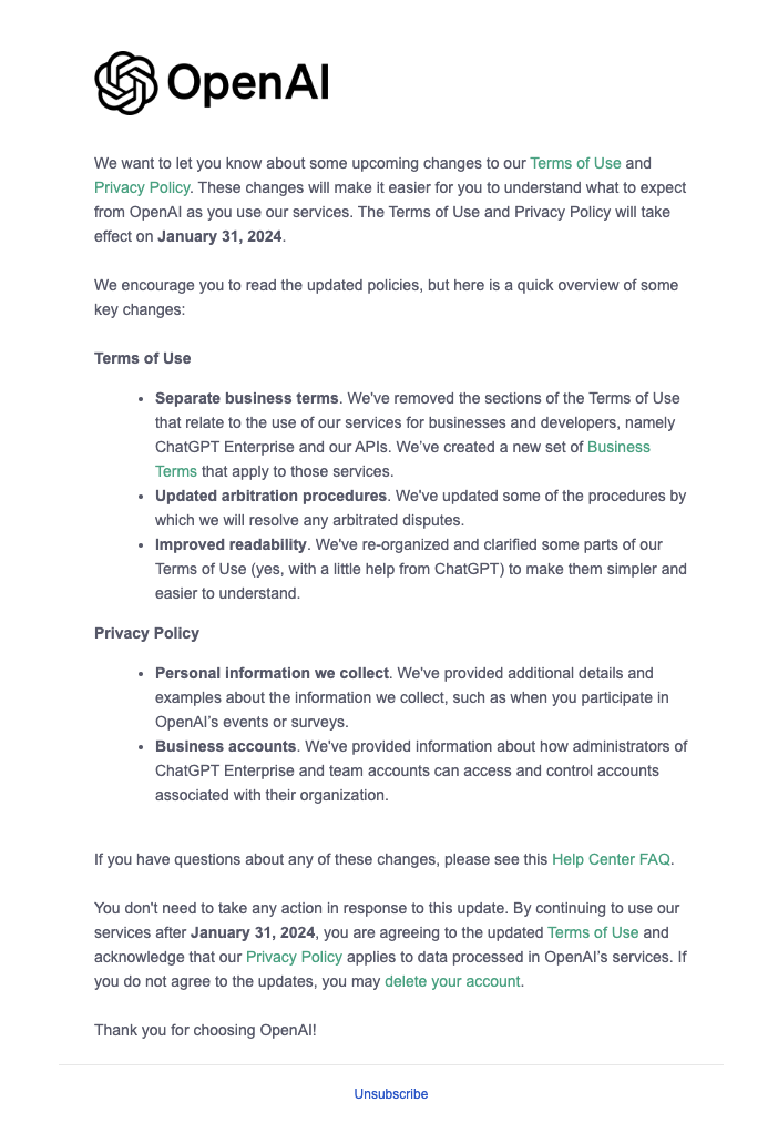 OpenAI privacy policy update email