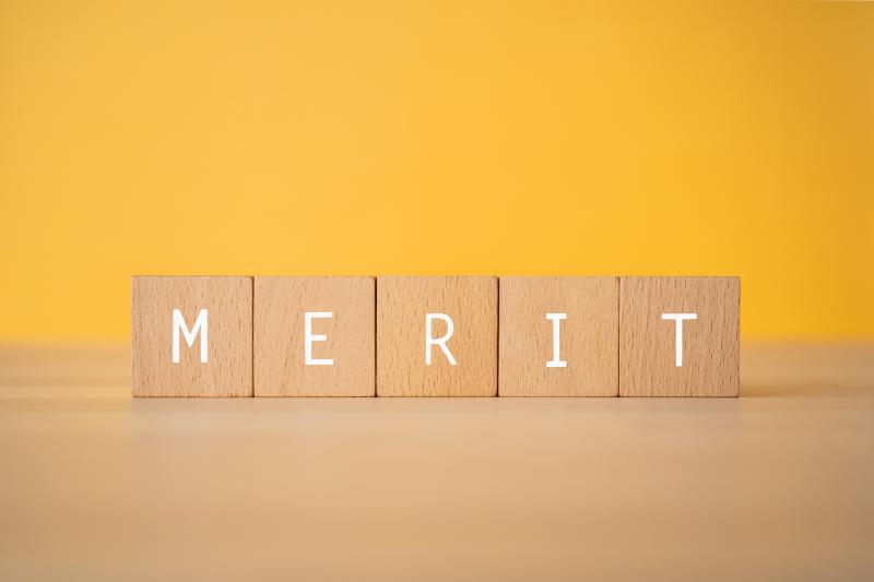 文字ブロックを並べて作られた「MERIT」