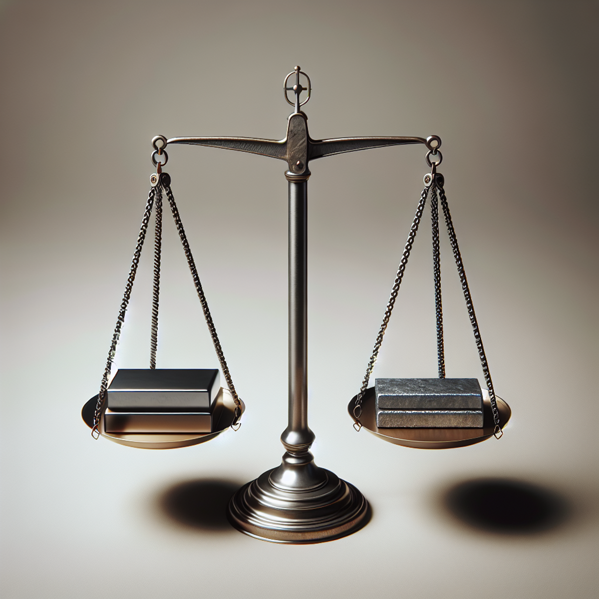 Traditional balance scale with tungsten and steel bars on each side, neutral background