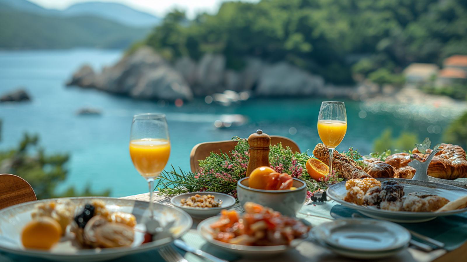 Luxurious breakfast setting on a balcony in Hvar, Croatia, with a view of azure waters and sophisticated table decor.