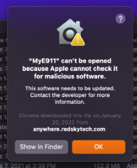 Screenshot of E911 installation error prompt