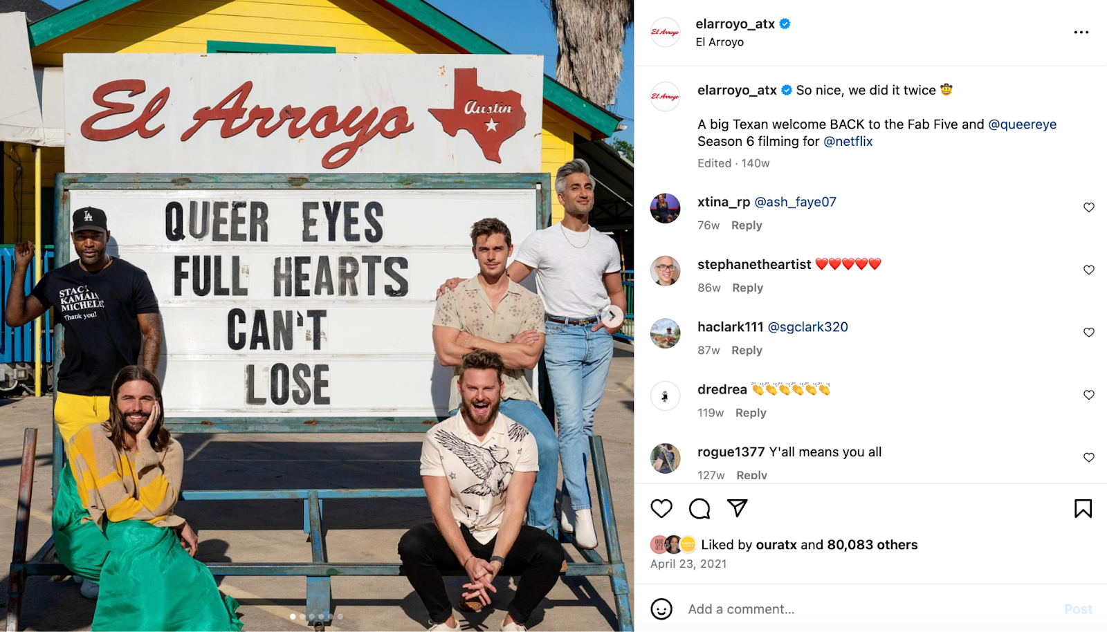 Creative restaurant marketing ideas: The cast of Queer Eye poses in front of El Arroyo’s marquee sign to promote the show.