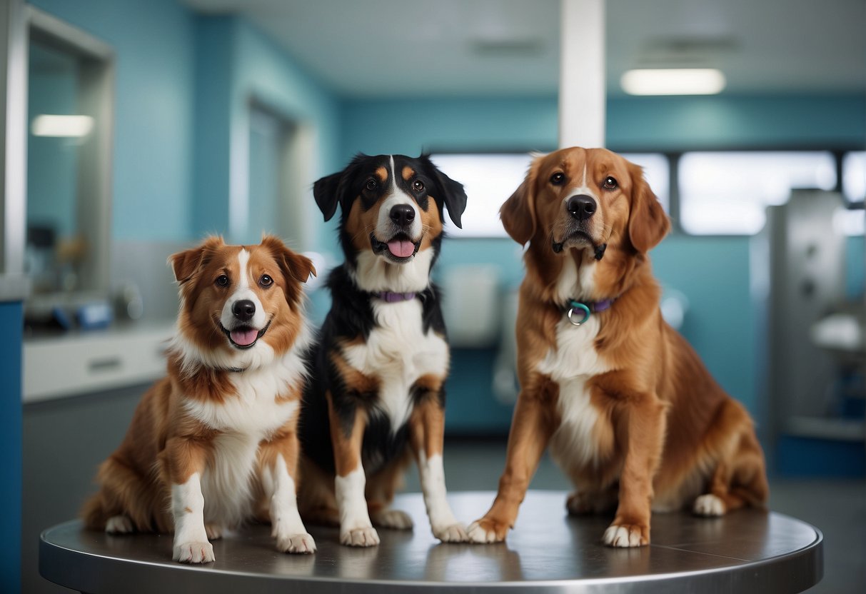 Dogs receiving vaccines at a vet clinic. Vials, syringes, and medical equipment in the background