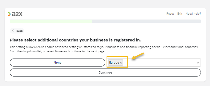 A2X VAT setup questionnaire for Amazon sellers with one UK VAT registration plus OSS: Select 'Europe'