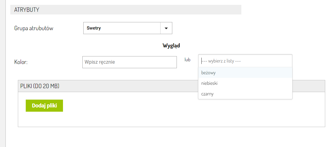 Atrybuty w Sellingo - możesz wybrać jedną lub więcej cech oraz ewentualnie wpisać własny parametr ręcznie.