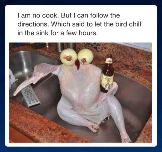 Caption: I am no cook. But I can follow the directions. Which said to let the bird chill in the sink for a few hours. Photo of a turkey in a sink seemingly sitting comfortablly. With two onions to look like eyes, it’s wing wrapped around  a beer, and it’s other wing draped across a TV remote.
