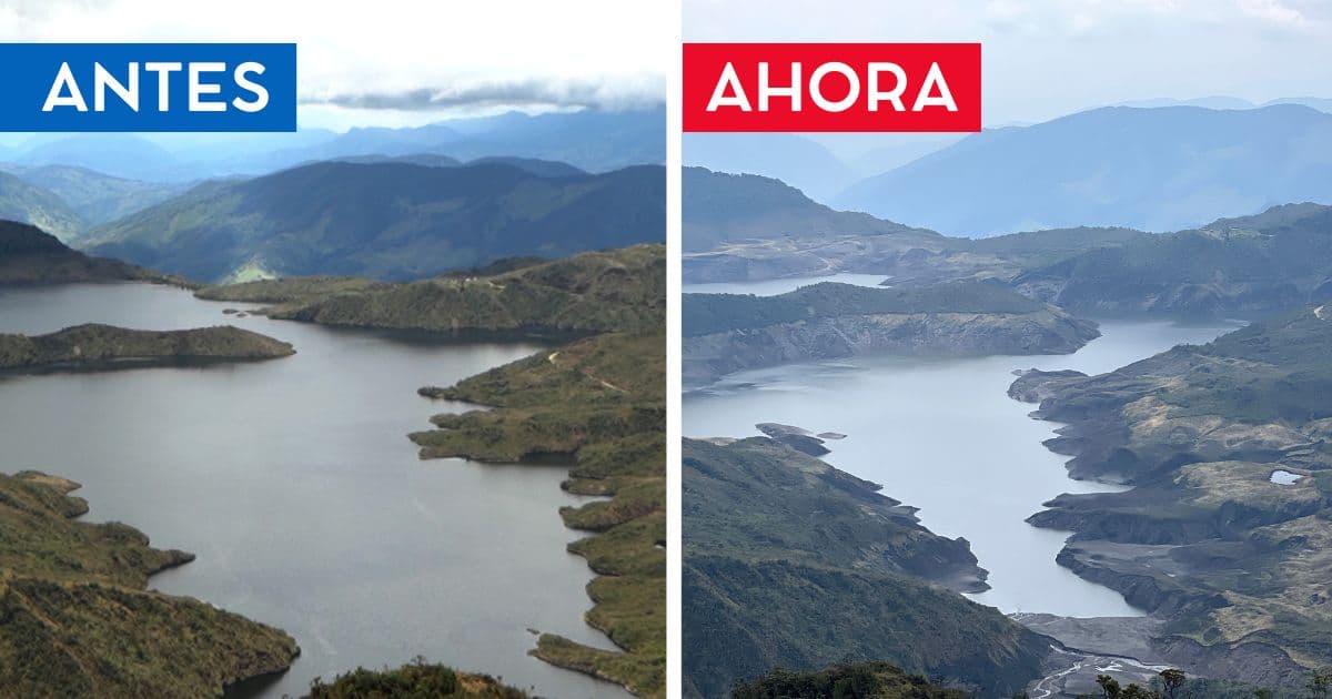 Before and after photo of reservoirs to illustrate why water cuts in Bogotá are necessary
