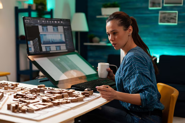 a woman looking at a building blocks while working on system