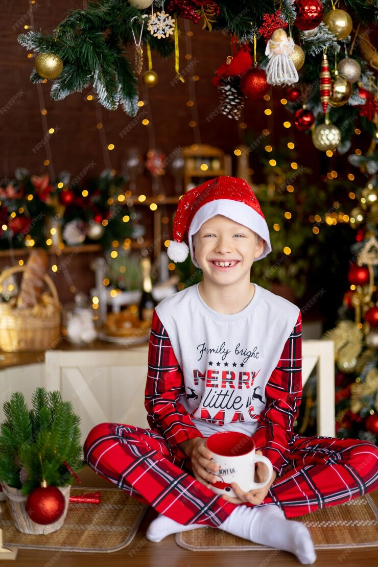 A boy laughing while wearing red Christmas pajamas and red Santa hat



