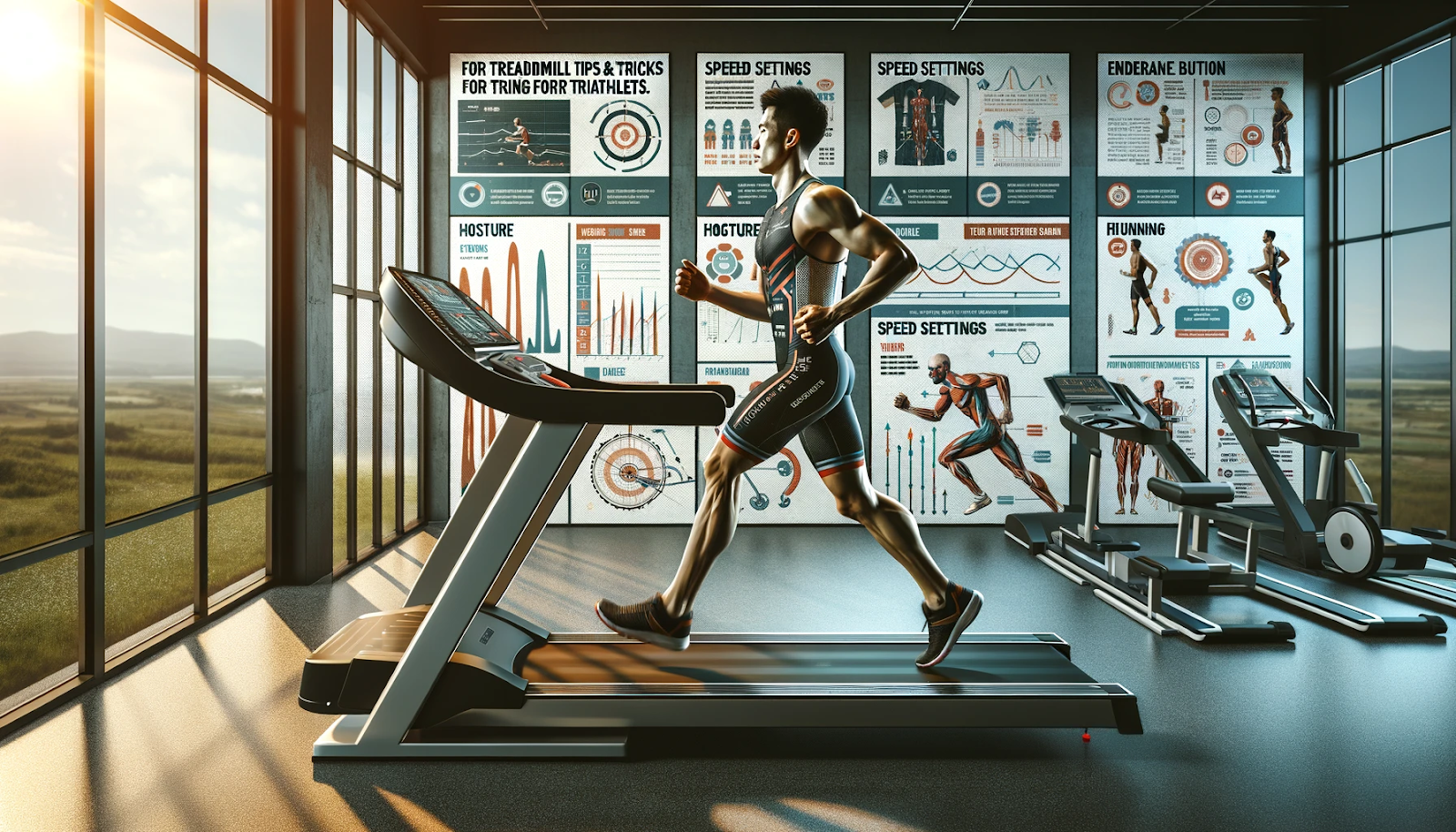 gym is well-equipped and features large windows letting in natural light. The walls are decorated with educational posters about effective treadmill use for triathletes. The overall atmosphere is one of focus, professionalism, and a dedication to athletic training in a health-conscious environment.