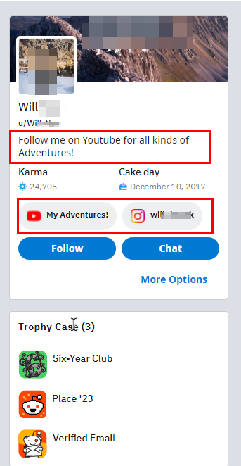 Figure 10 - Reddit user profile may contain links to other social media platforms and a short bio about the user 