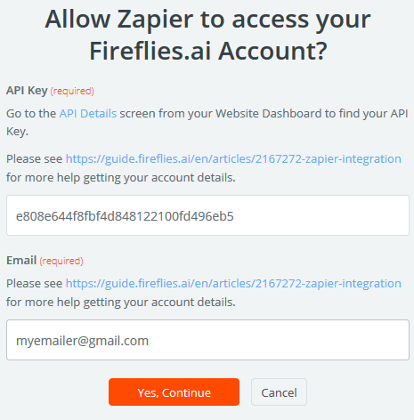 Paste the API key copied earlier to grant Zapier access to your Fireflies account