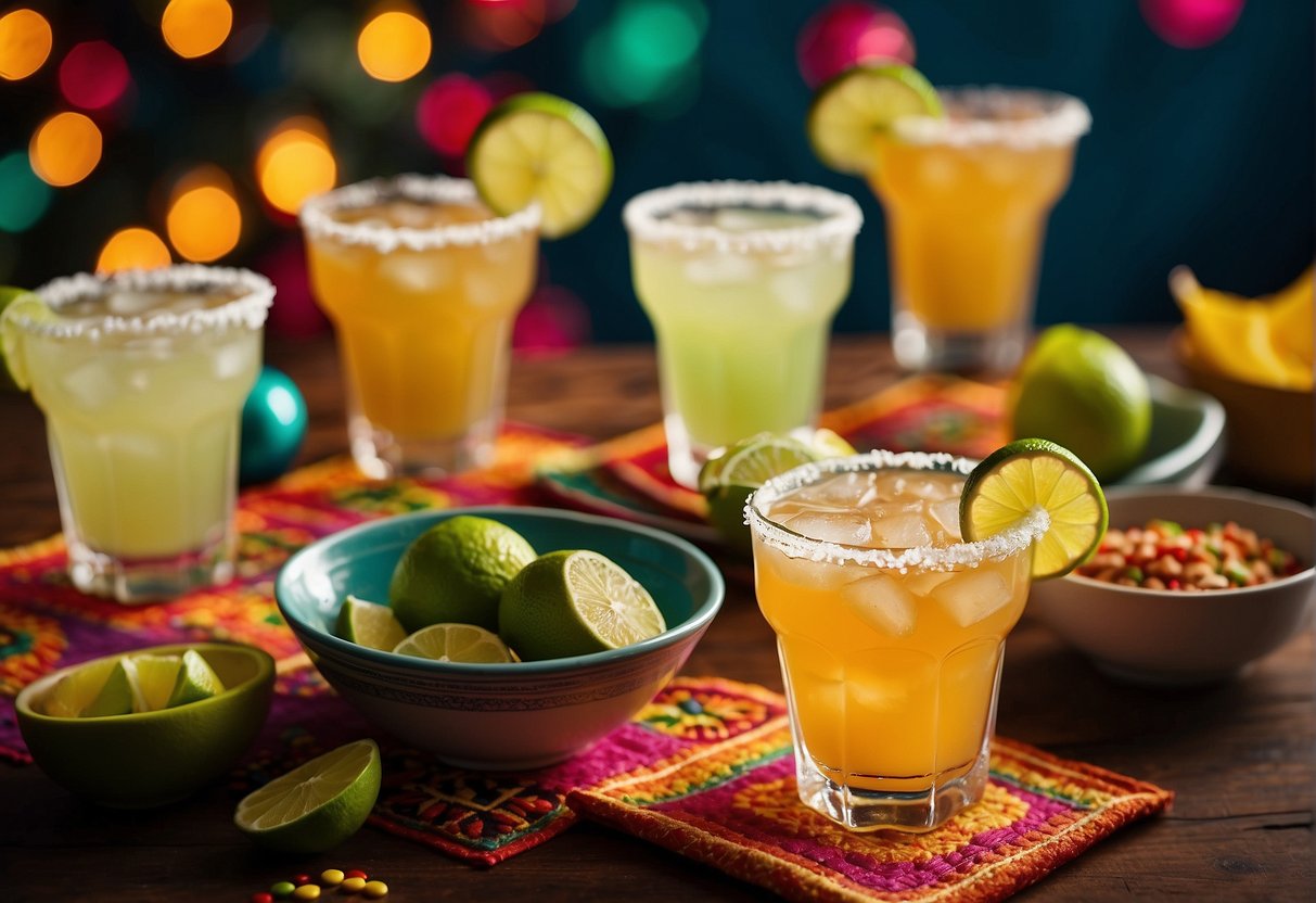 A colorful array of festive drink options, including margaritas and other traditional Mexican beverages, is displayed on a vibrant table decorated with festive Cinco de Mayo decor