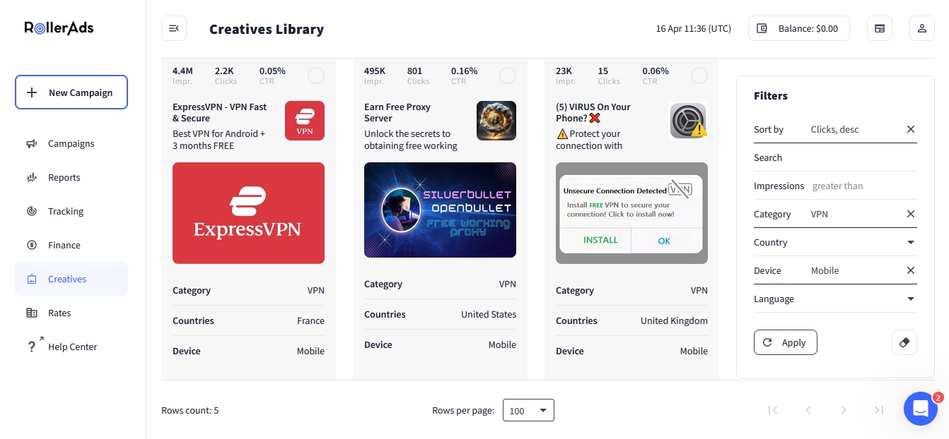 Creatives Library on RollerAds with 3 examples of creatives from VPN category for France.