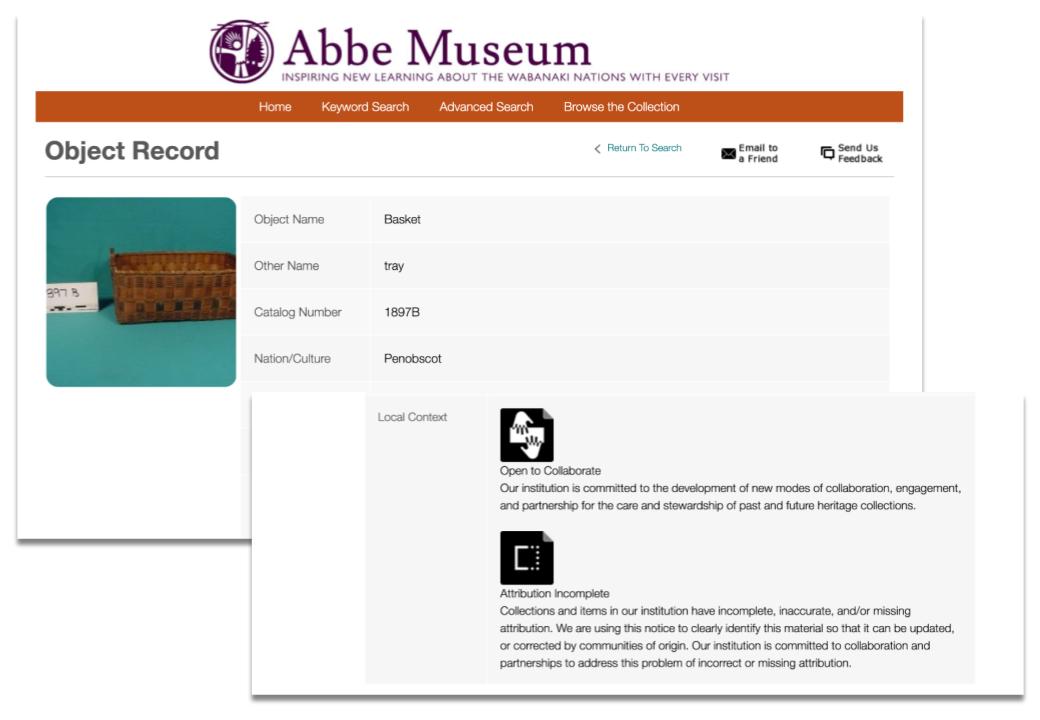 Composite of two screenshots from the Abbe Museum online catalog. A photo of a rectangle woven basket is next to its “object record,” information in different categories. The second screenshot shows the Open to Collaborate icon, a black square with two outstretched hands facing each other in white, and the Attribution Incomplete icon, a black square with a square in white.
