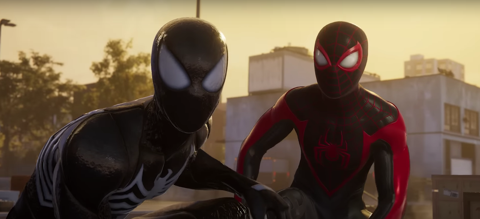 A screenshot of Peter Parker and Miles Morales from the trailer of Marvel's Spider-Man 2