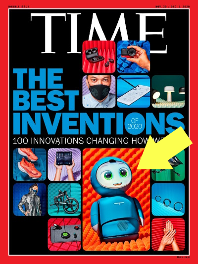 A picture of the cover of TIME Magazine, from November, 2020 with the Moxie robot prominently featured (an arrow has been added to the image to further emphasize Moxie's presence)