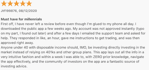 A five star Public.com review from a member who finds the app very user-friendly. 
