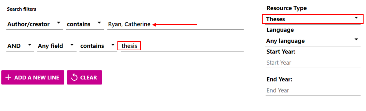 Advanced search by Author's name and 'thesis', with resource type and key search terms highlighted